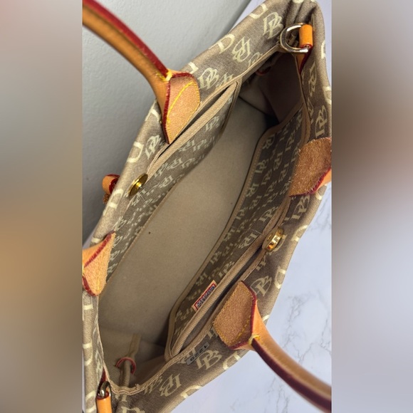 Dooney & Bourke Taupe Monogrammed Jacquard Tan Leather Trim Tassel Tote Handbag - Picture 7 of 11